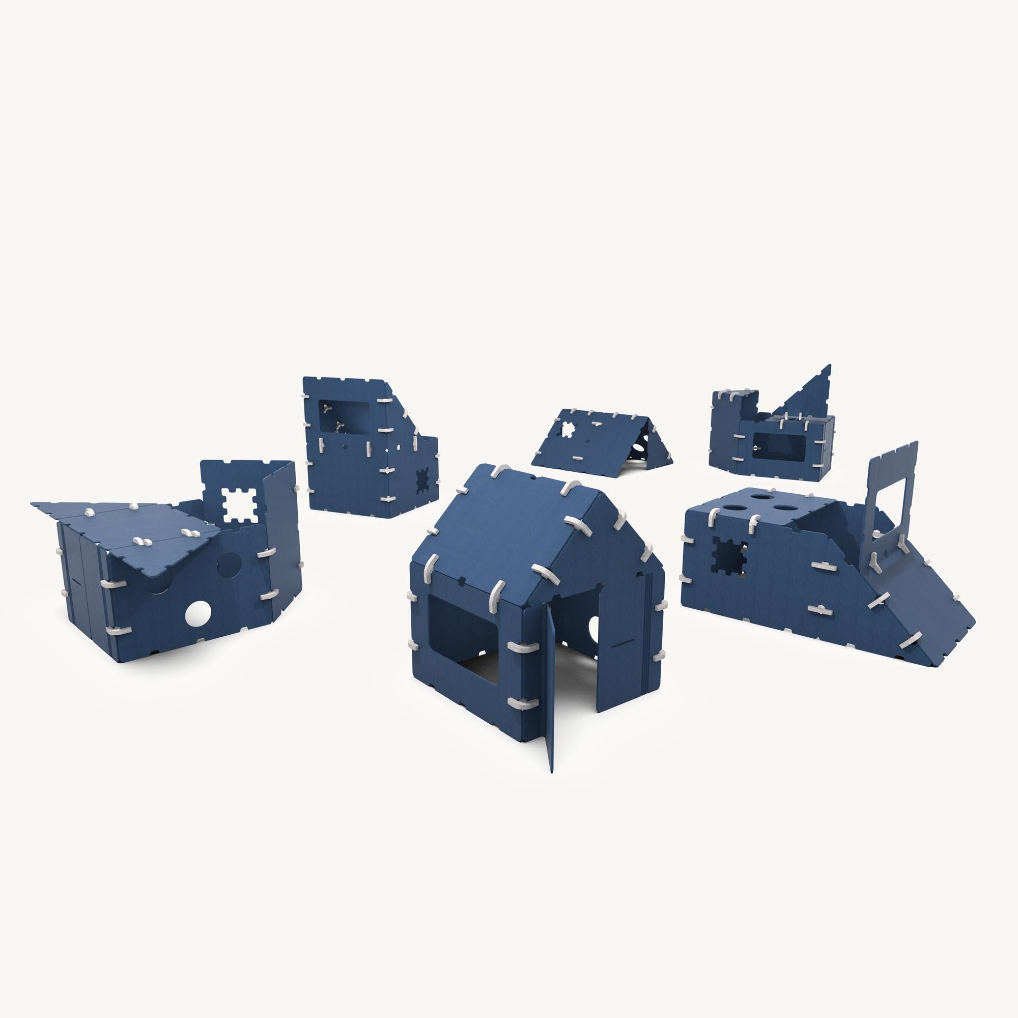 Übersicht der Aufbaumöglichkeiten: Modulares Stecksystem aus Filzplatten für individuelle Höhlen, Burgen, Tippi und Häuser.